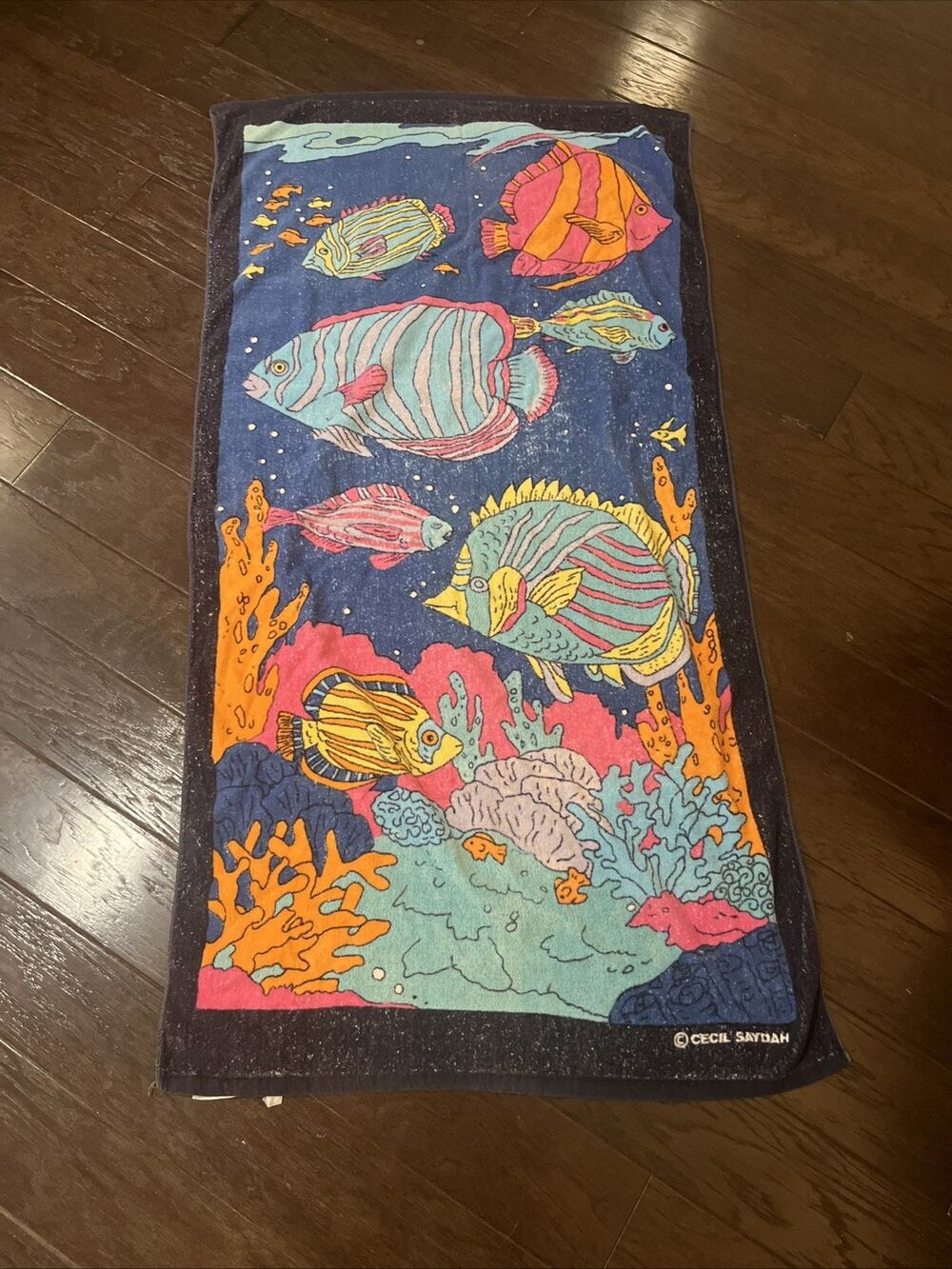 Cecil Saydah Vintage Beach Towel Tropical Fish Ocean Sea Life Coral Reef